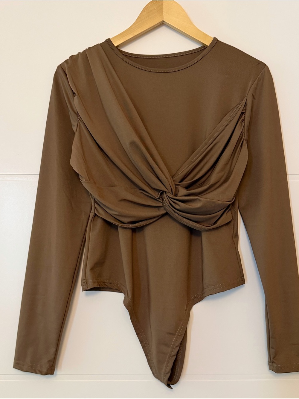 NWOT Twist-Front Long Sleeve Bodysuit in Taupe Brown